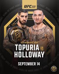 Ultimate Fight Championship (UFC) resmi merilis jadwal UFC 308 di Abu Dabi, Uni Emirat Arab, pada 26 Oktober 2024. Promotor olahraga tarung bebas ternama di dunia ini akan mempertemukan Ilia Topuria (juara kelas bulu UFC) melawan Max Holloway (juara BMF).