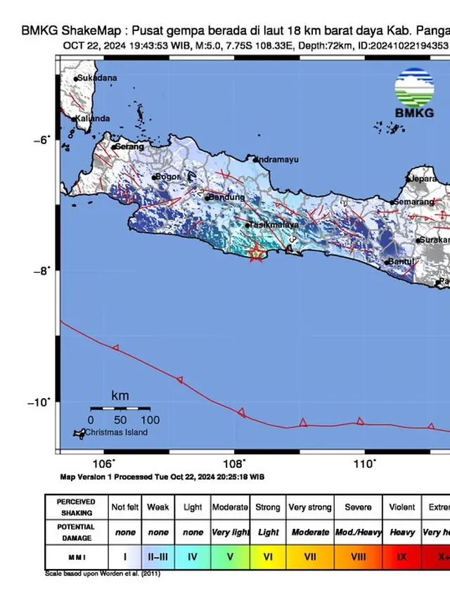 Gempa magnitudi 5,2 mengguncang Pangandaran, Jawa Barat pada pukul 08.41 WIB, Rabu, (13/11/2024). Badan meteorologi Klimatologi dan Geofisika (BMKG) menyebutkan, lokasi gempa Pangandaran ini berada pada koordinat 8.47 Lintang Selatan,107.81 Bujur Timur, dengan episenter gempa berada di laut 114 km barat daya Kabupaten Pangandaran Jabar.